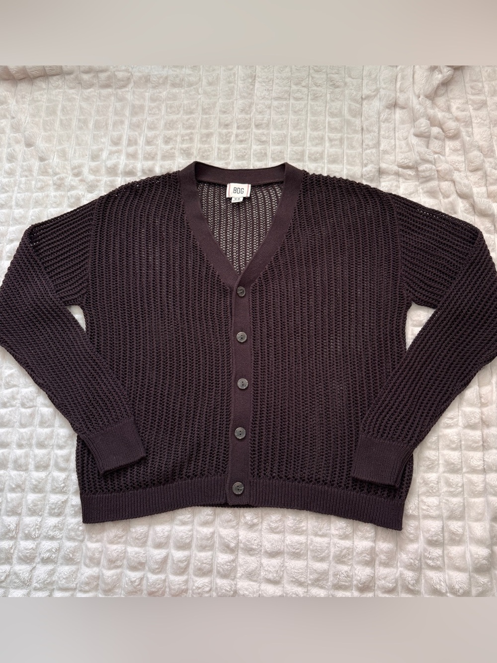 BDG Medium Brown Open Knit Button Front Cardigan ~ Relaxed Grandpa Layering